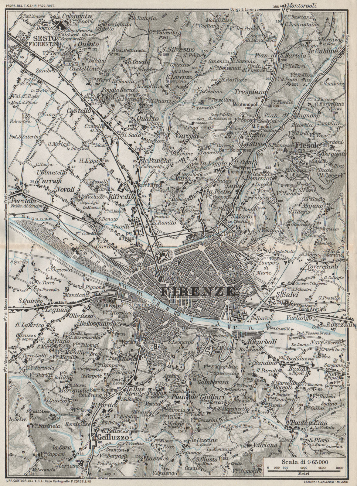 FLORENCE FIRENZE & ENVIRONS. Vintage town city map plan. Italy 1924 old